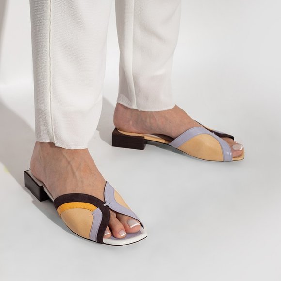 Tory Burch $348 Marquetry Slide Sandals Tan Peachy Lavender MANY SIZES - Picture 2 of 9